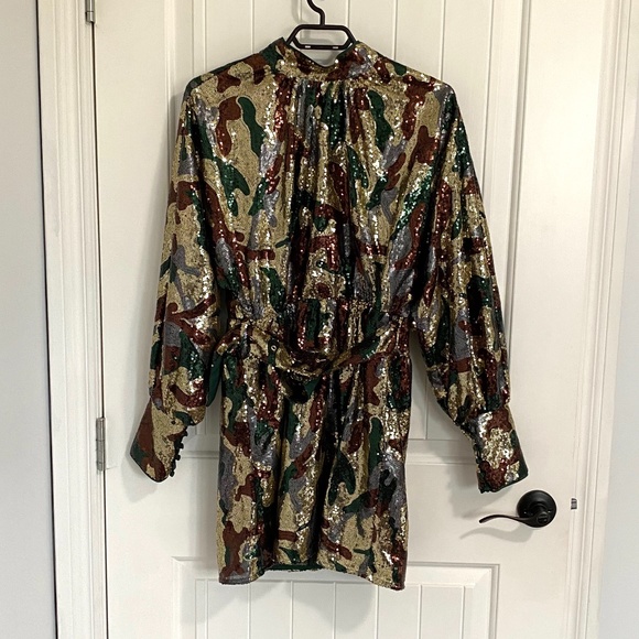 Long Sleeve Camo Sequin Mini Dress - Picture 1 of 4